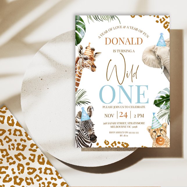 Invitation Brown Cheetah Safari Animaux sauvages Un 1er anniv (Boys Safari Wild One Birthday Invitation, Party Animals 1st Birthday Invitation, Wild One Themed)