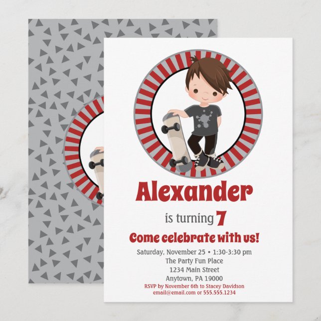 Invitation Brown Cheveux Skateboard Boys Anniversaire Invitat (Devant / Derrière)