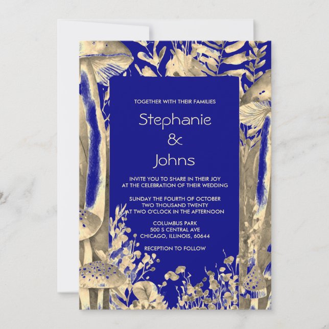 Invitation Brown de champignon  bleu marine Mariage de bois (Devant)