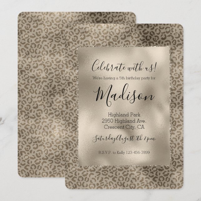 Invitation Brown Empreinte de léopard Gold Glitz (Devant / Derrière)