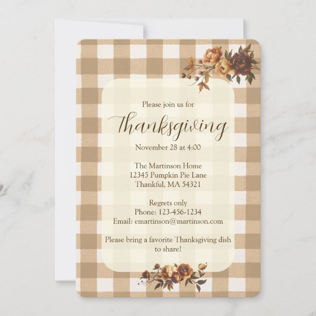 Invitation Brown En vichy Flores d'automne Thanksgiving (Devant)