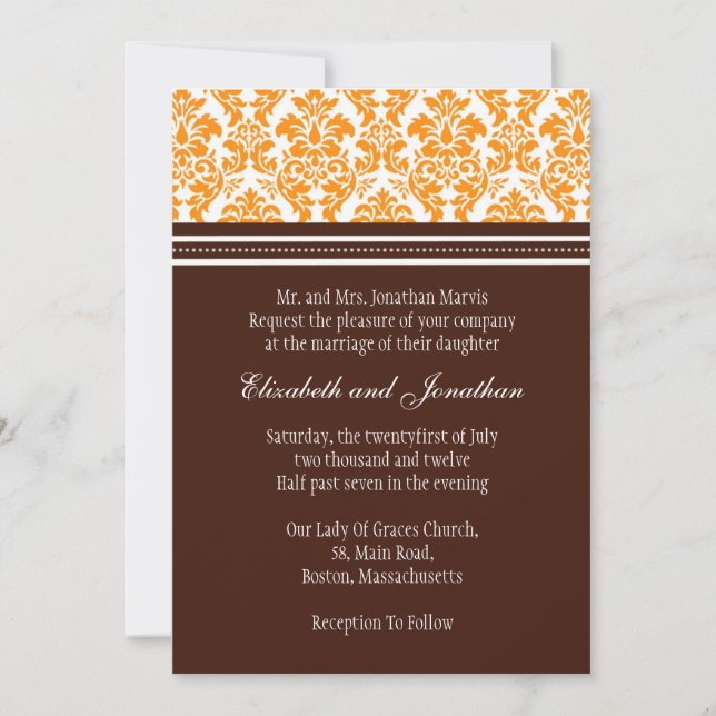 Invitation Brown et Orange Mariage damassé (Devant)