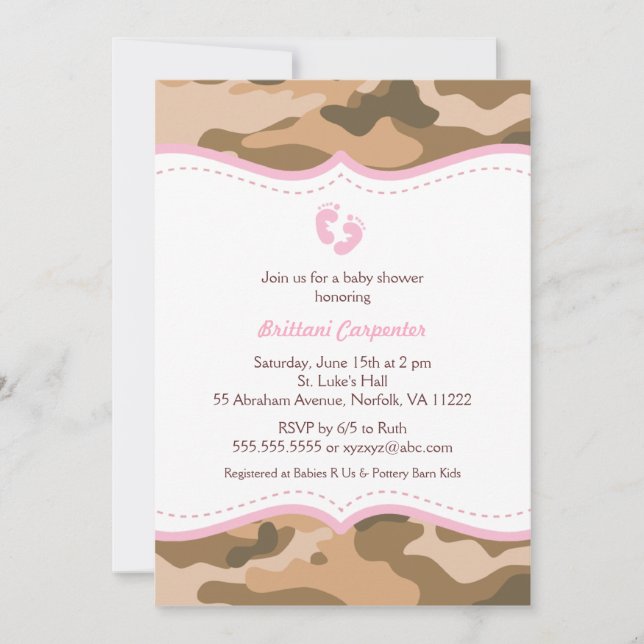 Invitation Brown et rose de baby shower de Camo (Devant)