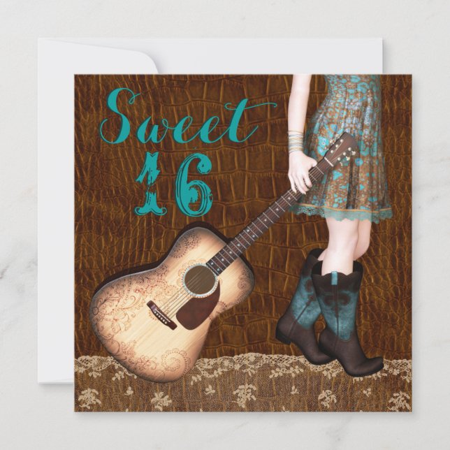 Invitation Brown et Turquoise Blue Cowgirl Sweet sixteen Part (Devant)