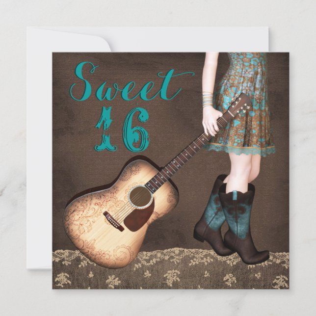 Invitation Brown et Turquoise Blue Cowgirl Sweet sixteen Part (Devant)
