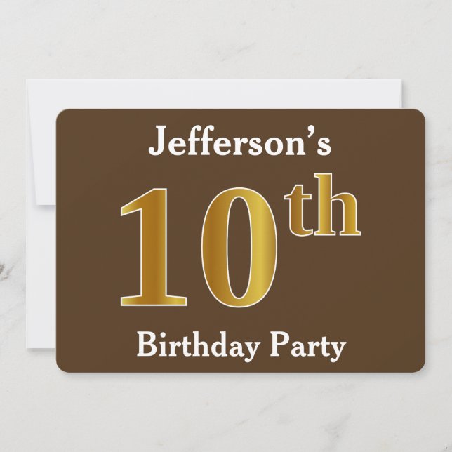 Invitation Brown, Faux Gold 10th Birthday Party; Nom personna (Devant)