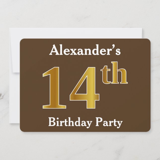 Invitation Brown, Faux Gold 14e fête d'anniversaire; Nom pers (Devant)