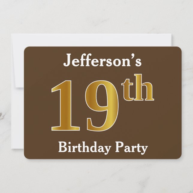 Invitation Brown, Faux Gold 19e fête d'anniversaire; Nom pers (Devant)