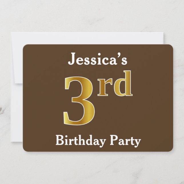 Invitation Brown, Faux Gold 3e fête d'anniversaire ; Nom pers (Devant)