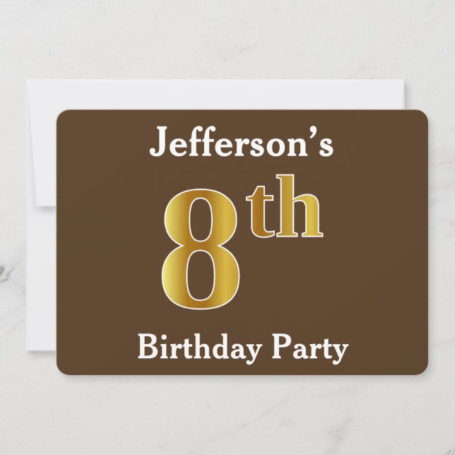 Invitation Brown, Faux Gold 8e fête d'anniversaire; Nom perso (Devant)