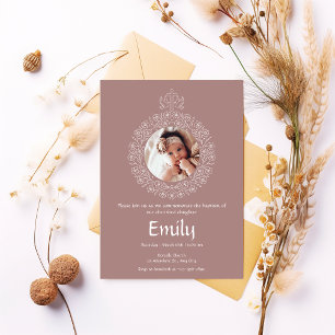 Invitation Brown floral minimaliste photo Baptême