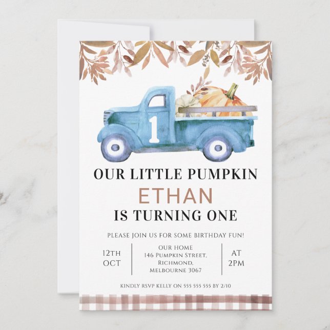 Invitation Brown Foliage Petit camion Citrouille 1er annivers (Devant)