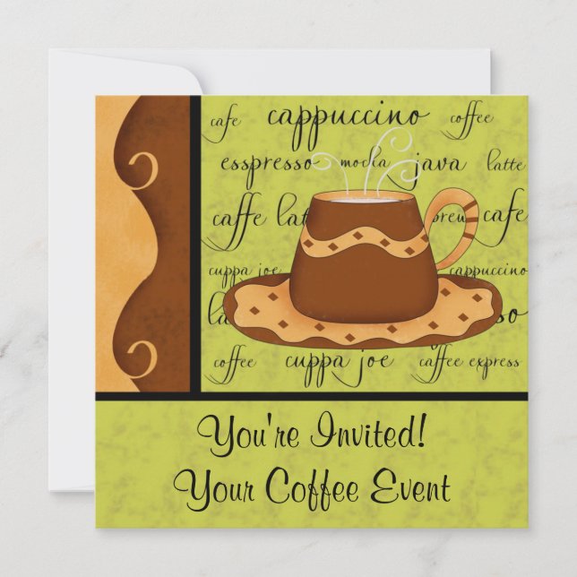 Invitation Brown Gold Green Checkerboard Coffee Cup Nom de l' (Devant)