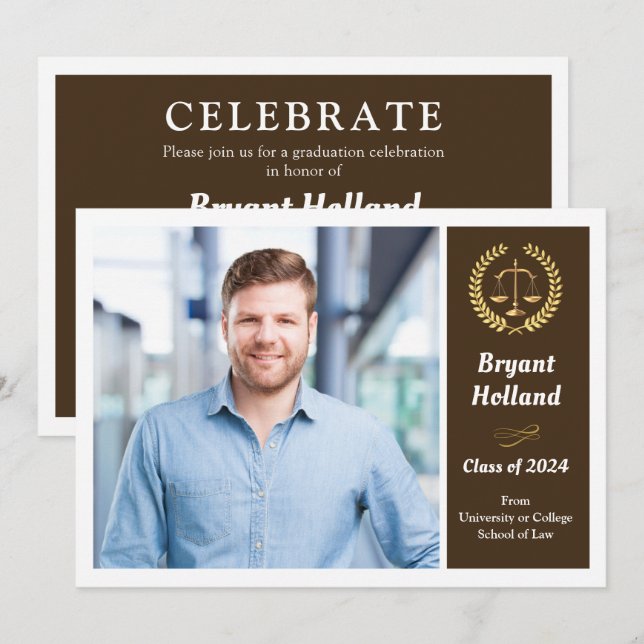 Invitation Brown & Gold Law School Photo Graduation Party (Devant / Derrière)
