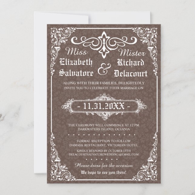 Invitation Brown gothique victorien Mariage damassé Invitatio (Devant)