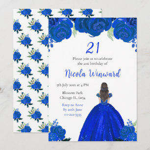 Invitation Brown Hair Princess Blue Floral fête d'anniversair