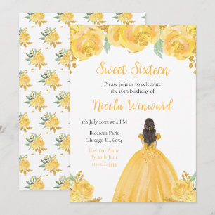 Invitation Brown Hair Princess Gold Floral Sweet sixteen
