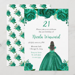Invitation Brown Hair Princess Green Floral fête d'anniversai
