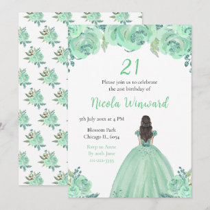 Invitation Brown Hair Princess Mint Floral fête d'anniversair