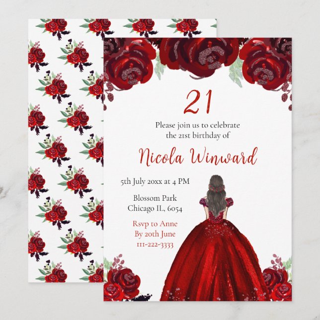 Invitation Brown Hair Princess Red Floral Birthday Party (Devant / Derrière)