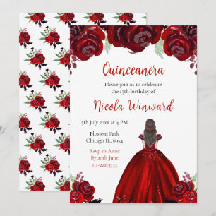 Invitation Brown Hair Princesse Rouge Floral Quinceanera
