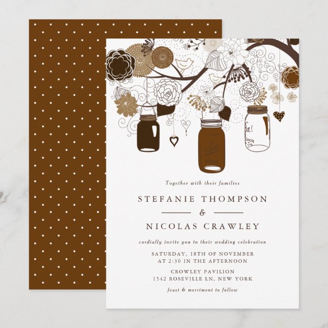 Invitation Brown Hanging Mason Jars Mariage (Devant / Derrière)