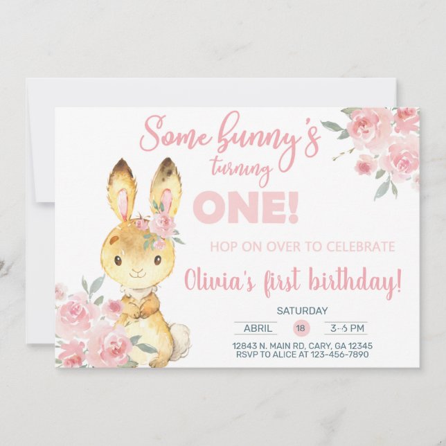 Invitation Brown lapin et fleurs roses fille invitation. (Devant)