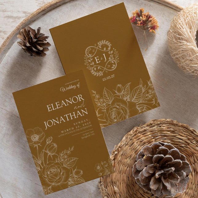 Invitation Brown Minimalist Rustic Floral Elegant Wedding  (Créateur téléchargé)