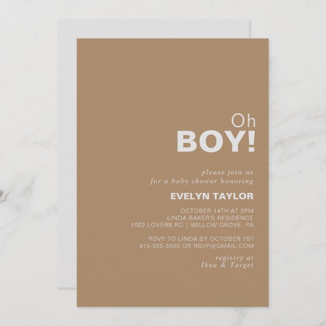 Invitation Brown minimaliste Oh Baby shower garçon (Devant / Derrière)