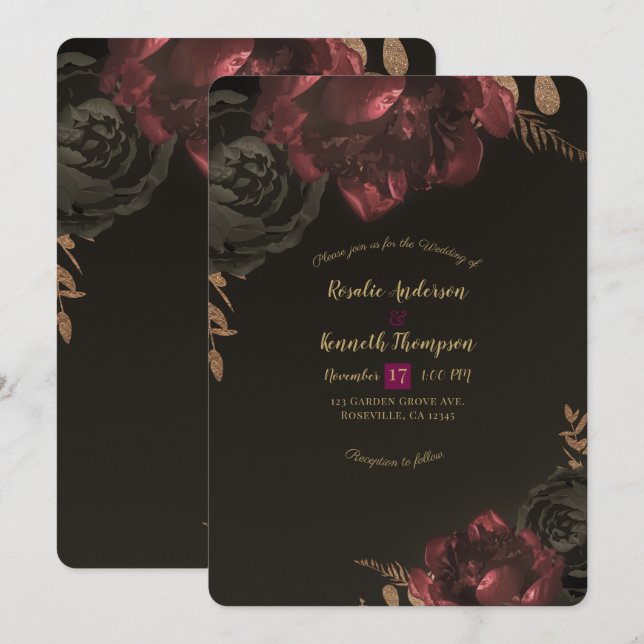 Invitation Brown Moody Floral foncé or Mariage (Devant / Derrière)