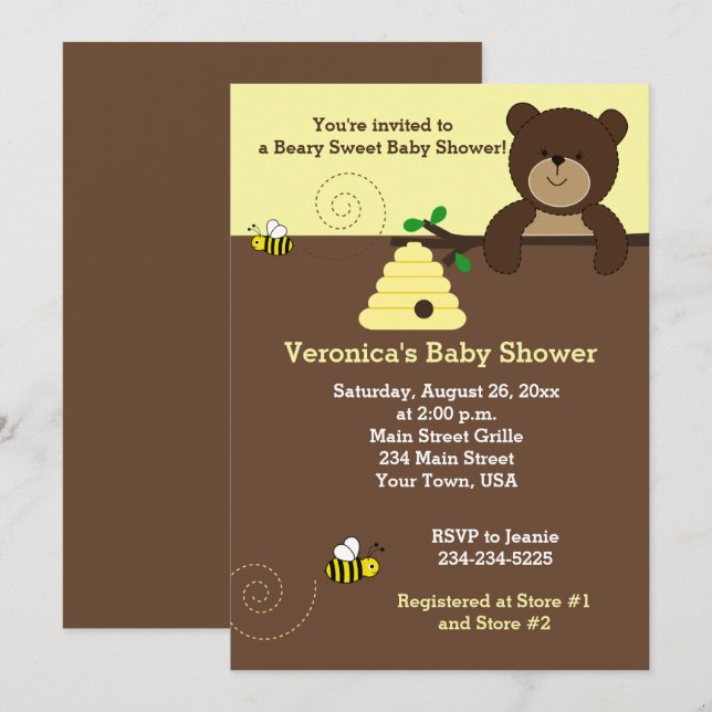 Invitation Brown Ours de miel et Baby shower de bosse d'abeil (Devant / Derrière)