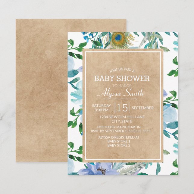Invitation Brown Rustique Kraft Bleu Baby shower Floral Blanc (Devant / Derrière)
