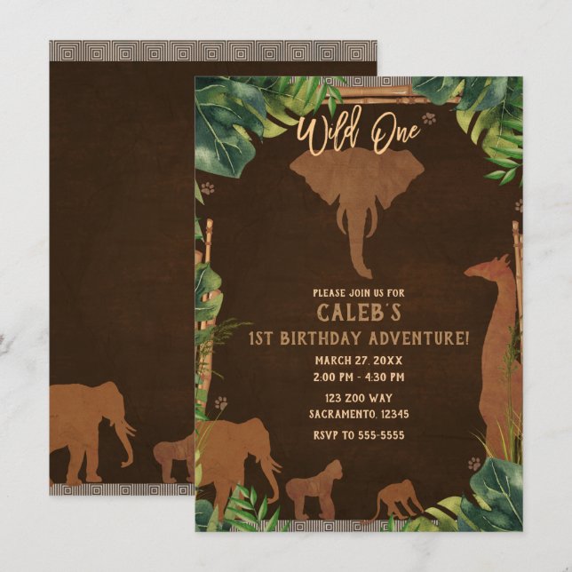 Invitation Brown Safari Jungle Zoo Animaux WILD ONE 1ère Part (Devant / Derrière)