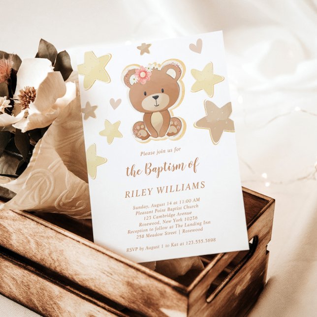 Invitation Brown Teddy Baptême fille ours (Créateur téléchargé)