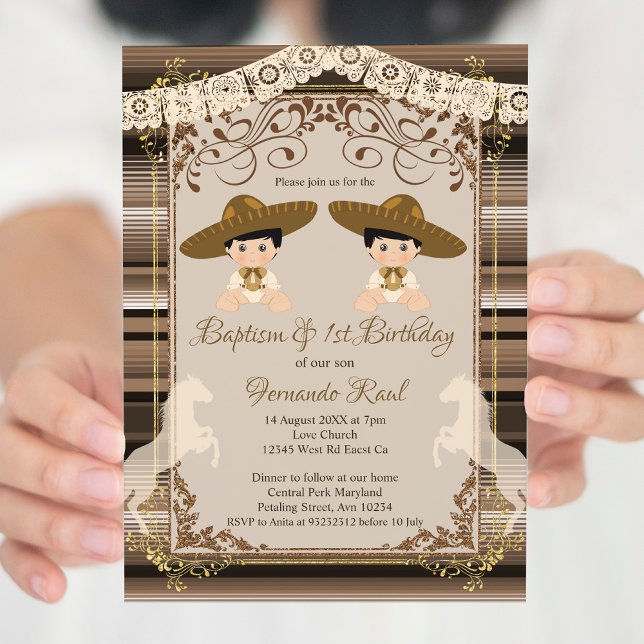 Invitation Brown Twins Fiesta Baptême et premier anniversaire (Créateur téléchargé)