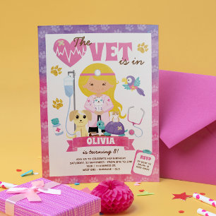 Invitation Brown Yeux Blonde Fille Vet Fête d'anniversaire