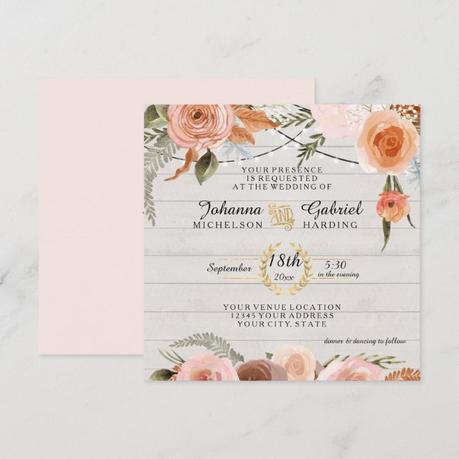 Invitation Broyage Floral Rustique Feuilles de bois blanc (Devant / Derrière)