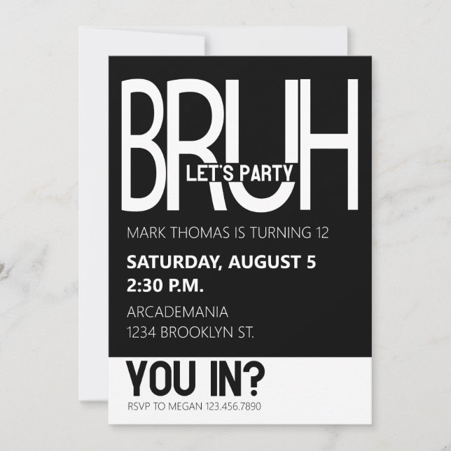 INVITATION BRUH ANNIVERSAIRE ADO GARÇON BLACK WHITE (Devant)