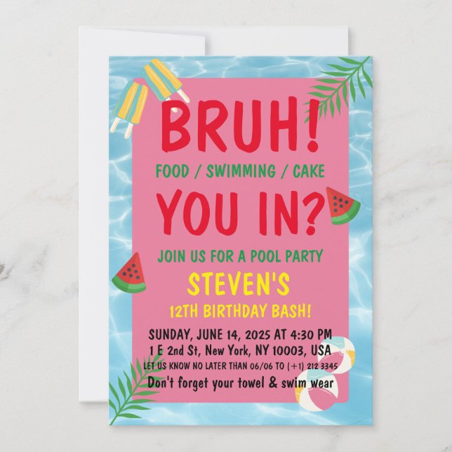 Invitation bruh anniversaire Pool bash (Devant)