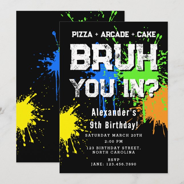 Invitation Bruh Boy's Birthday Party Neon Graffiti Teenager (Devant / Derrière)