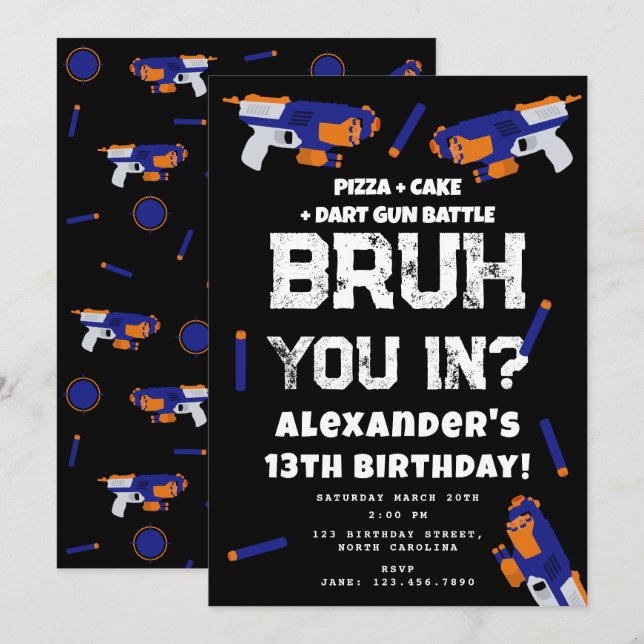 Invitation Bruh Boy's Birthday Party Teenager Dart Gun Battle (Devant / Derrière)