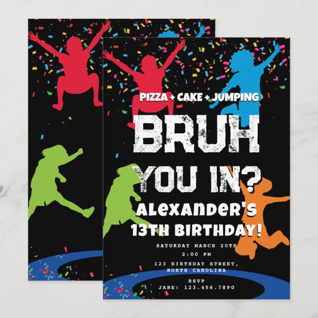 Invitation Bruh Boy's Birthday Party Teenager Jump Trampoline (Devant / Derrière)