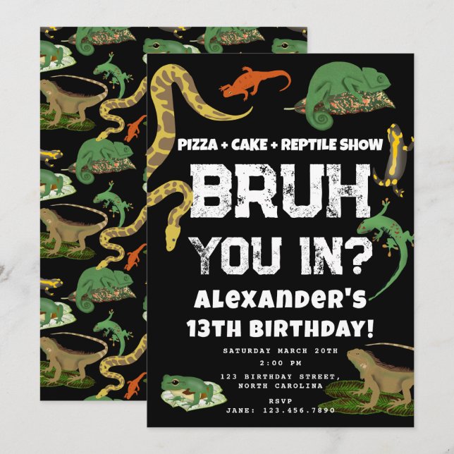 Invitation Bruh Boy's Birthday Party Teenager Reptile Show (Devant / Derrière)