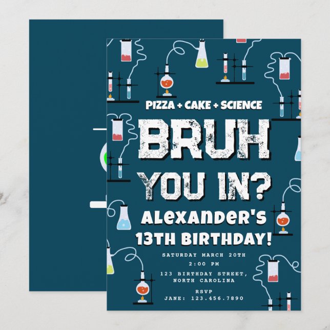 Invitation Bruh Boy's Birthday Party Teenager Science Theme (Devant / Derrière)