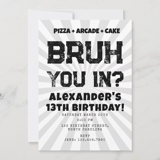 Invitation Bruh Boy's Birthday Party Teenager Teen Boy (Devant)