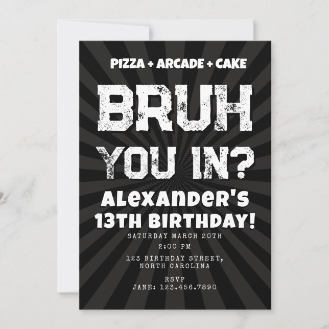 Invitation Bruh Boy's Birthday Party Teenager Teen Boy (Devant)