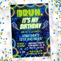 Bruh Neon Glow Blue Green Funny Boy Anniversaire