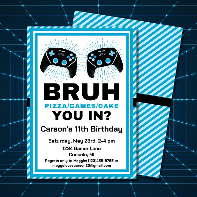 Invitation Bruh Personnalisé Gamer Pizza Party Anniversaire (A funny birthday invitation for your favorite gamer's party.)