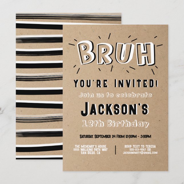 Invitation Bruh, tu es invité à l'anniversaire noir et blanc (Devant / Derrière)