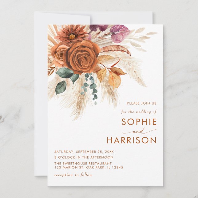 Invitation ?Brûlé Orange Boho Pampas Mariage en herbe tout en (Devant)